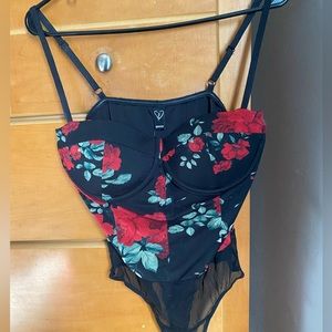 Black and red roses body suit